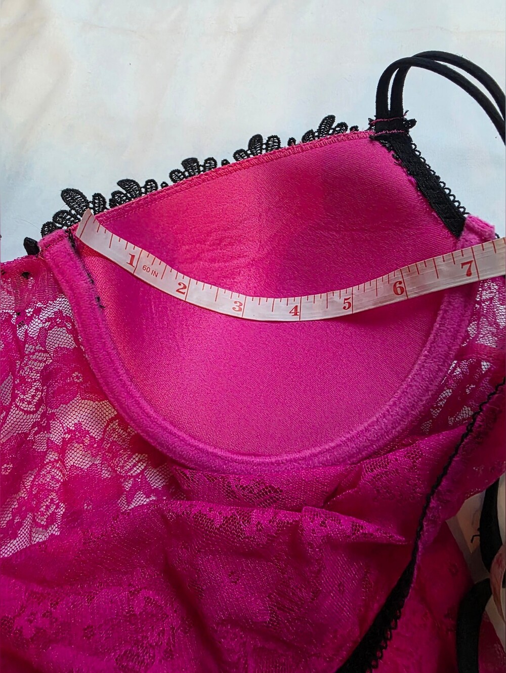 Hot Pink Lace Babydoll Chemise Lingerie Black Trim Padded Cups Adjustable Straps - Picture 6 of 9